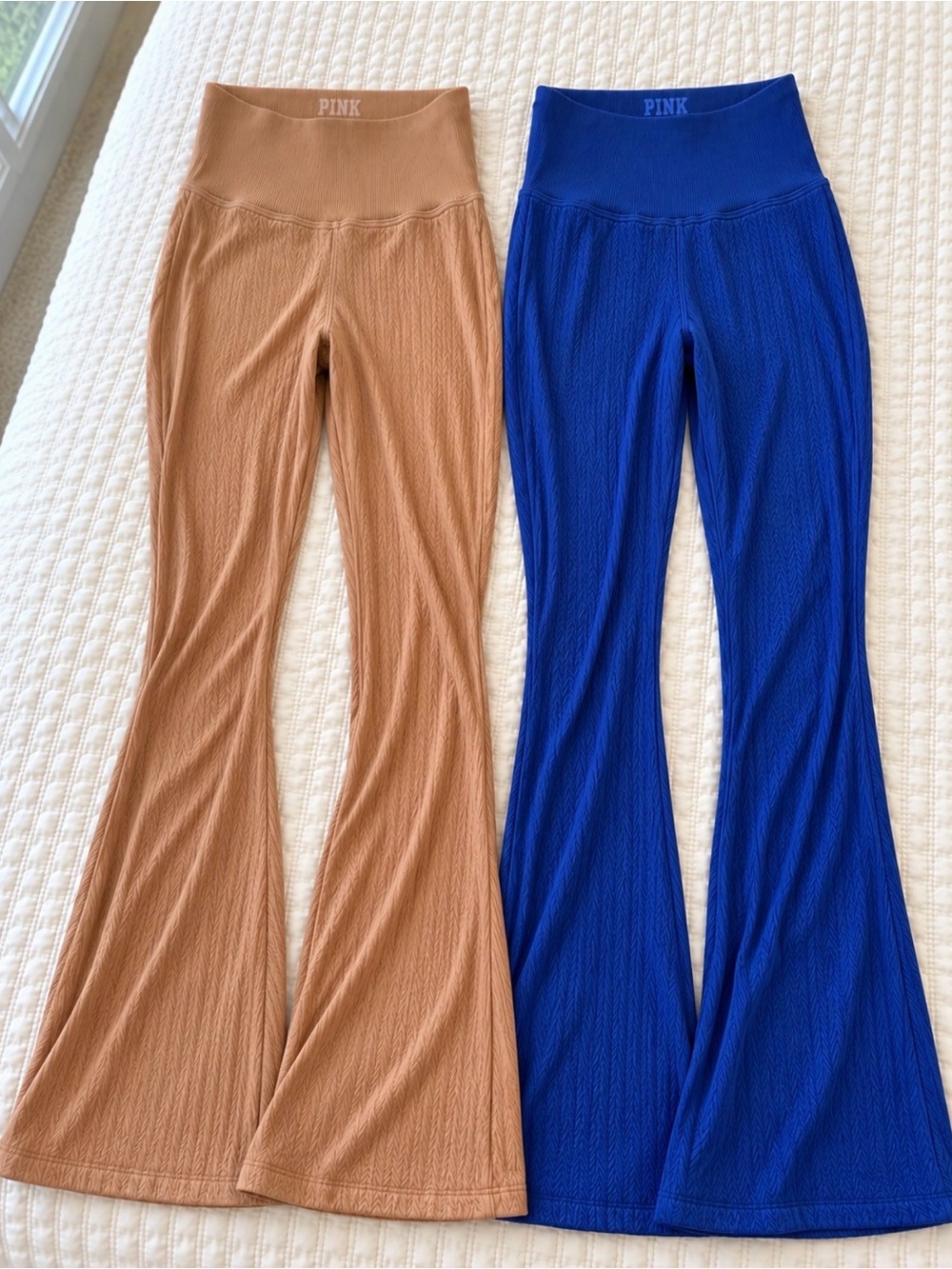 PINK Victoria's Secret Ribbed Flared Leggings in Tan and Royal Blue